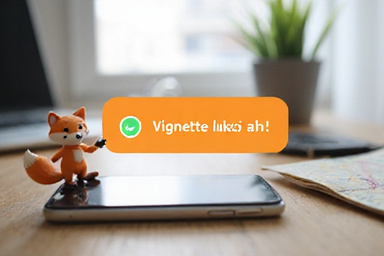 Smartphone mit Benachrichtigung 'Vignette läuft ab!' und kleinem Fuchs.